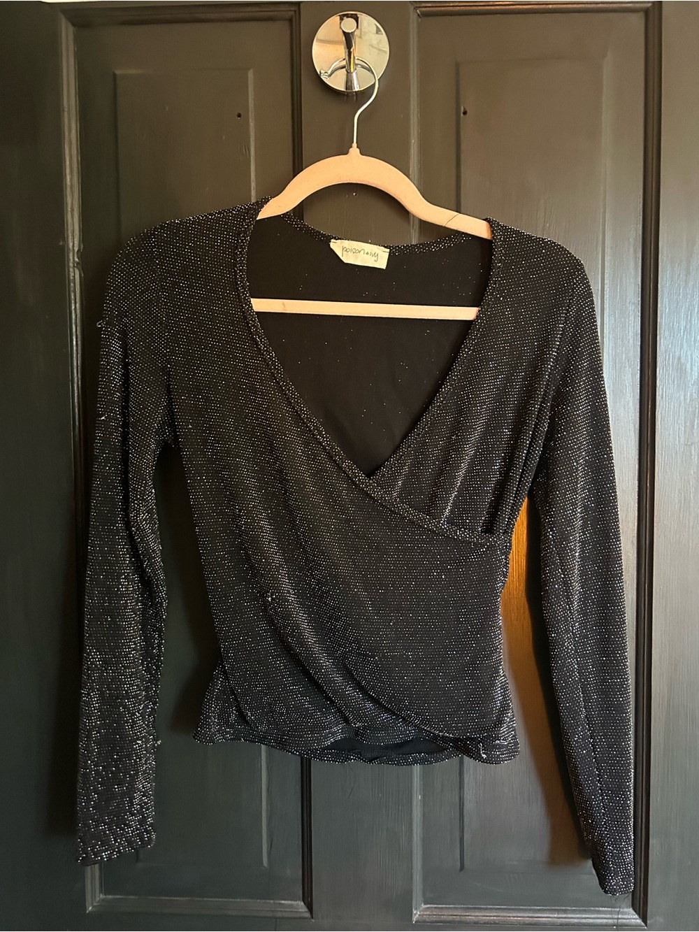 Papermoon Black Metallic Surplice Long-Sleeve Top